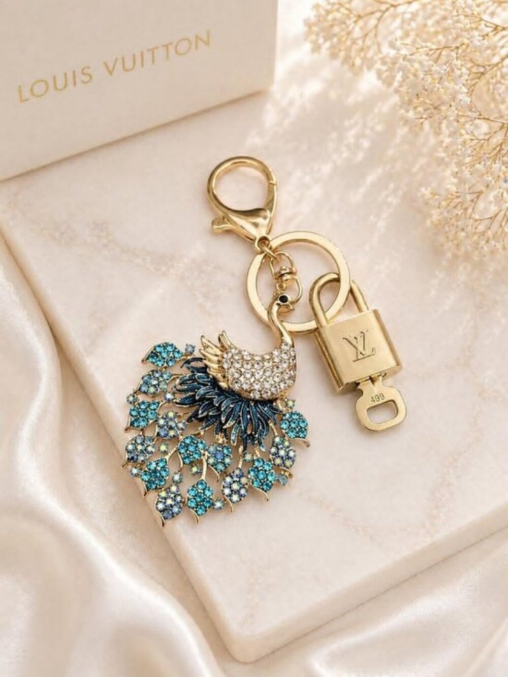 LV Gold Padlock 🔑 Authentic Louis Vuitton Charm + Unbranded Peacock Keychain